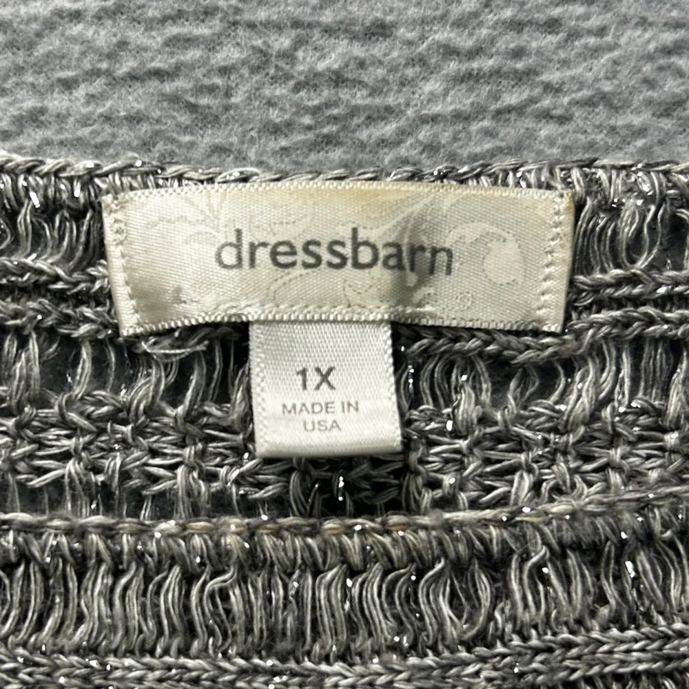 DressBarn Womens 1X Gray Metallic Shimmer Textured Knit‎ Boho Sweater Layer Top